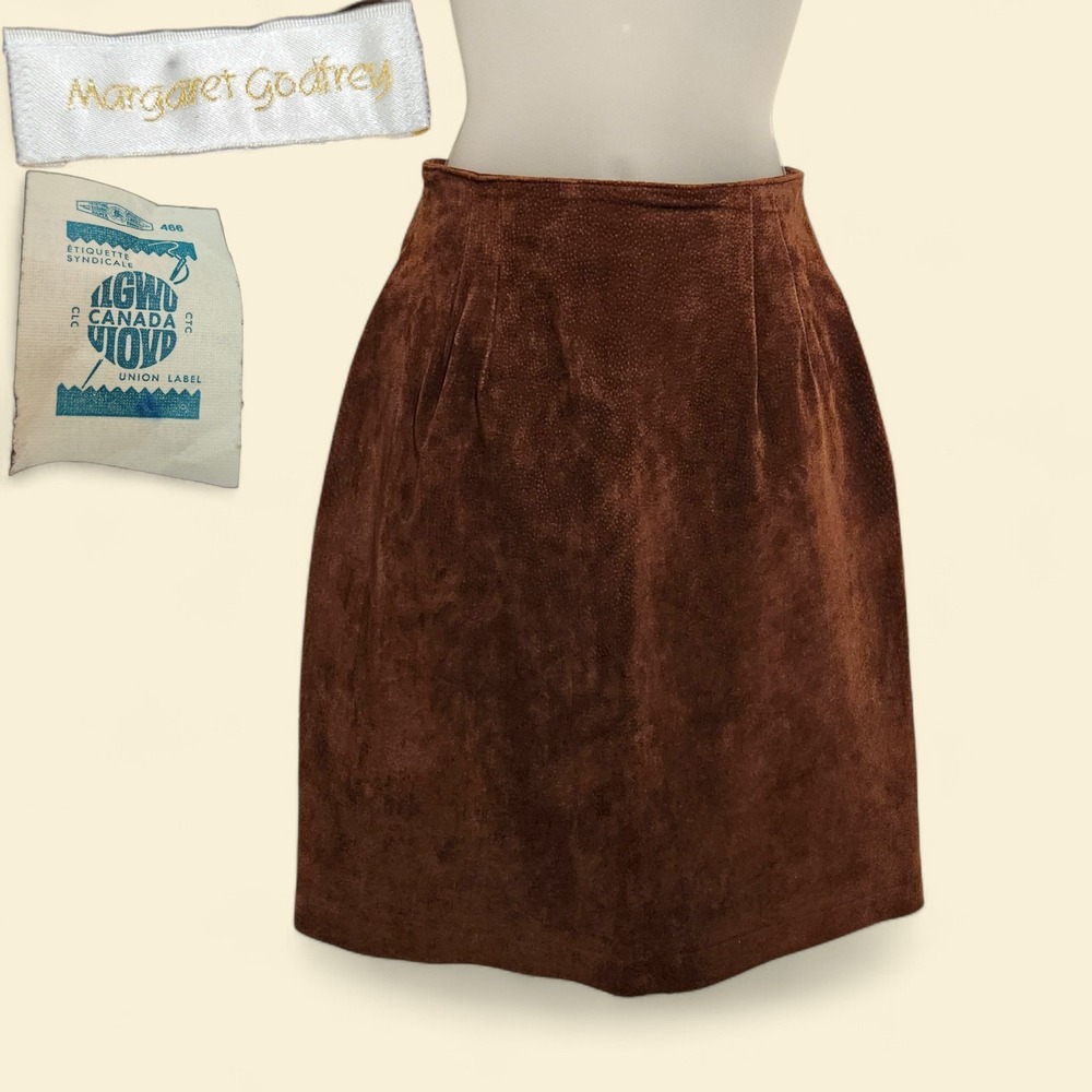 VTG Margaret Godfrey Suede Leather Skirt Brown XS 70s 80s A-Line GW Canada